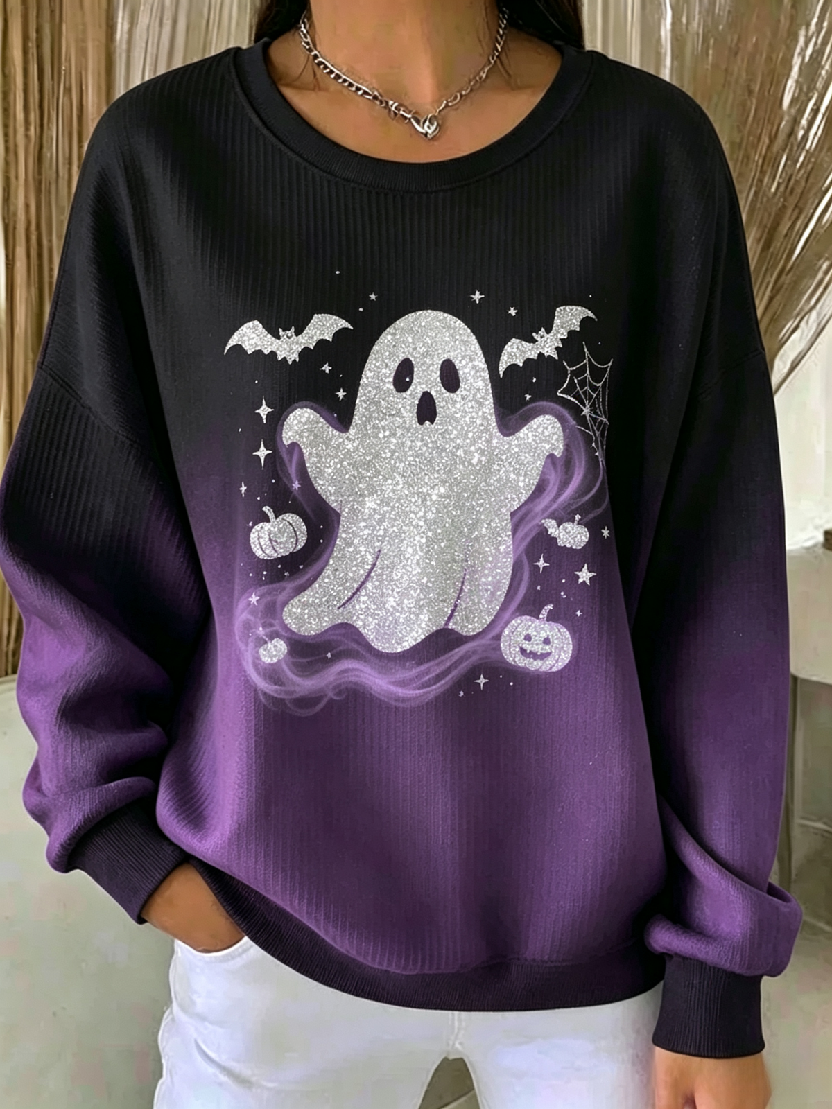 Women Gradient Purple Waffle Knit Ghost Halloween Crewneck Sweatshirt