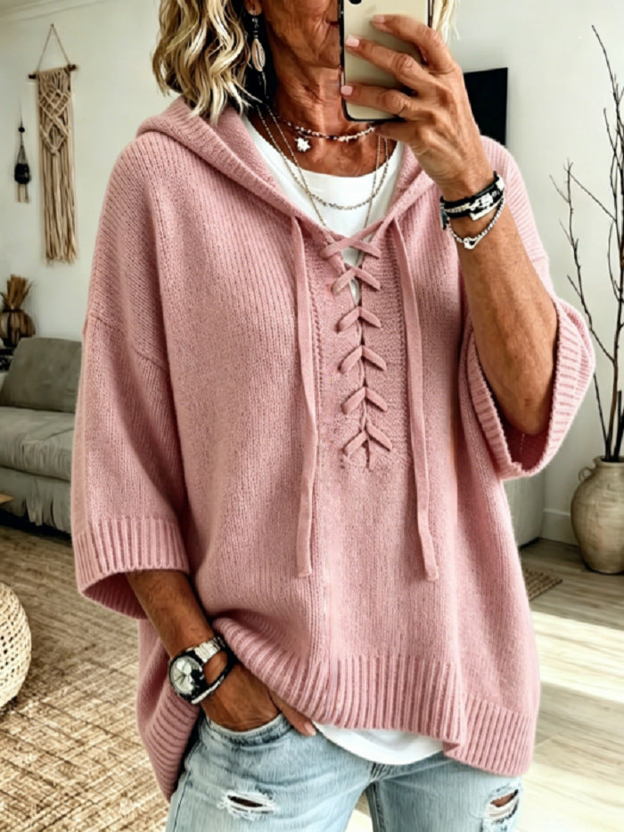 Women's Oversized Lace-Up Hooded Knit Sweater, Long Sleeve Loose Casual Pullover