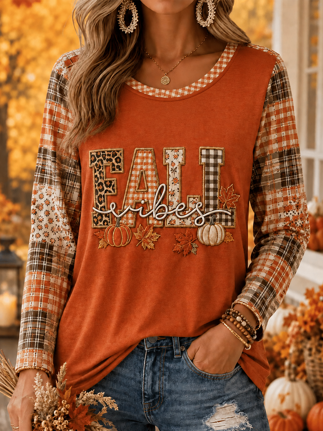 Women's Fall Vibes Plaid Patchwork Long-Sleeve Top