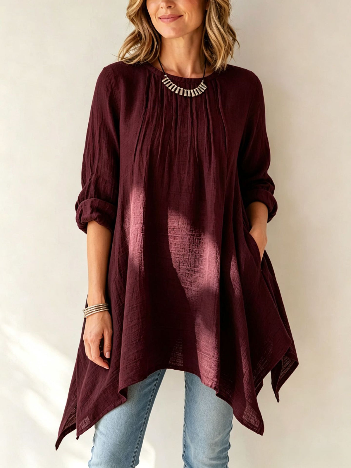 Women's Linen Blend Pleated Tunic Top, 3/4 Sleeve Irregular Hem Loose Shirt with Pockets