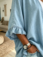 Women Solid Washed Denim Ruffle Cardigan