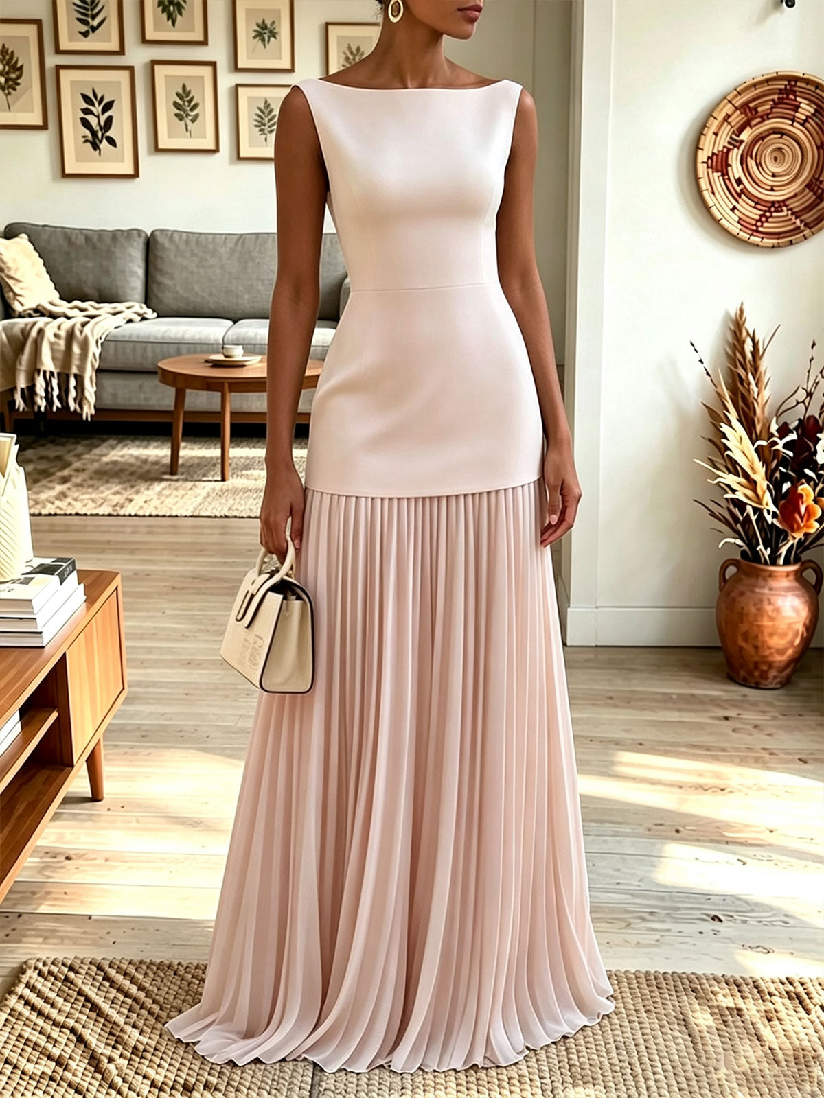 Women Boat Neck Sleeveless Two‑Tone Pleated Maxi Evening Dress
