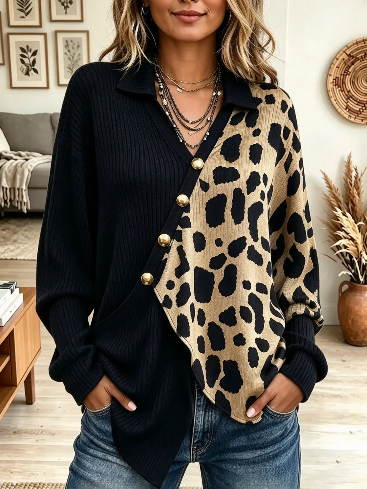 Women's Asymmetrical Leopard Patchwork Button Cardigan Sweater