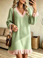 Women's V-Neck Contrast Fringe Knit Sweater Dress