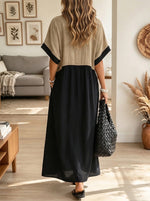 Women's Casual Black and Khaki Colorblock V-Neck Maxi Dress with Pockets