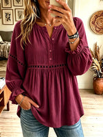 Women's Wine Red Crochet Trim Henley Blouse, Button Front Ruffle Cuff Long Sleeve Top