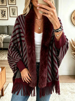 Women's Striped Faux Fur Collar Fringe Poncho Cardigan