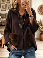 Women's Faux Fur Pocket Hooded Woolen Cape