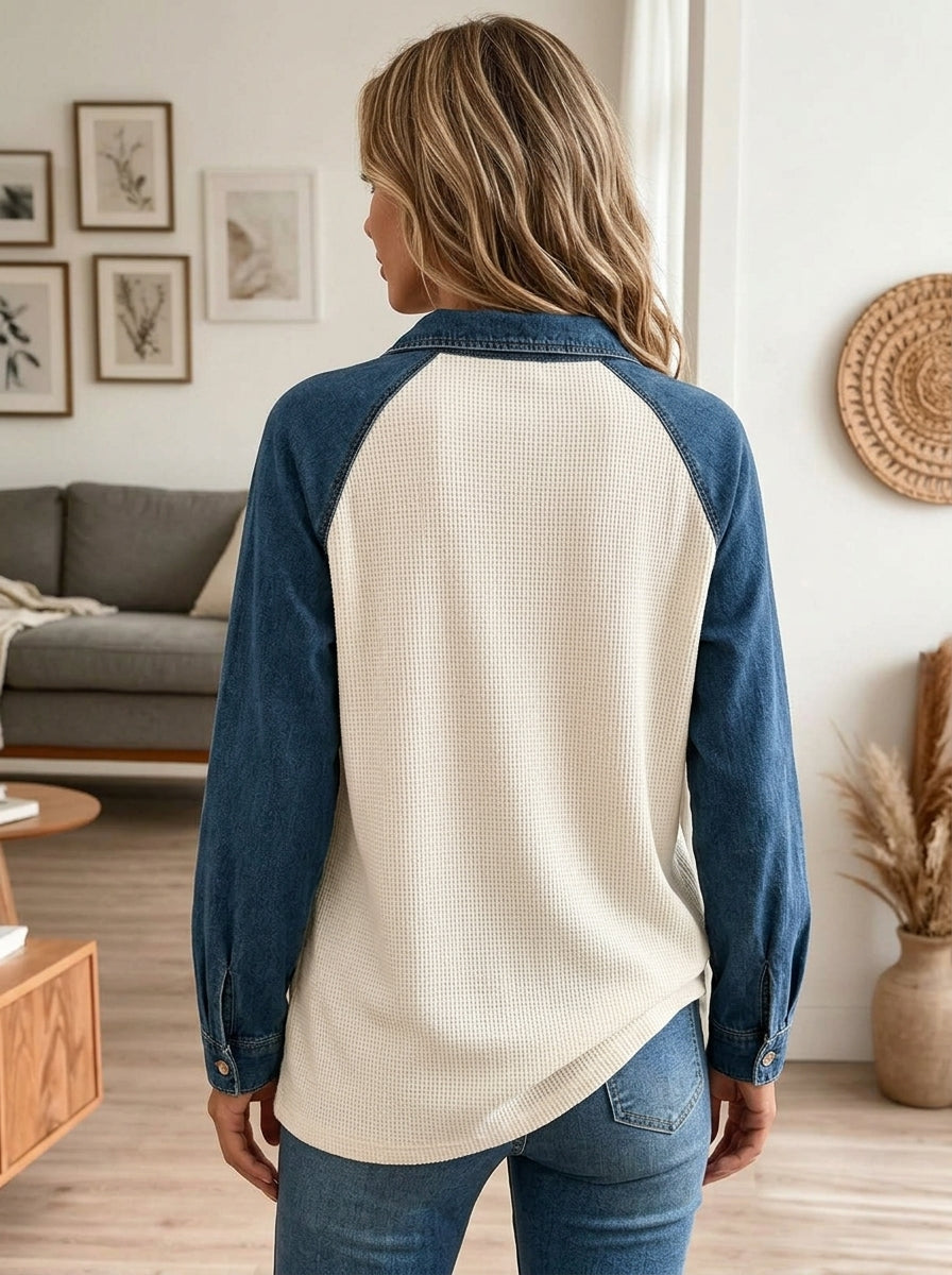Women Waffle Knit Denim Splice Raglan Long Sleeve Henley Blouse