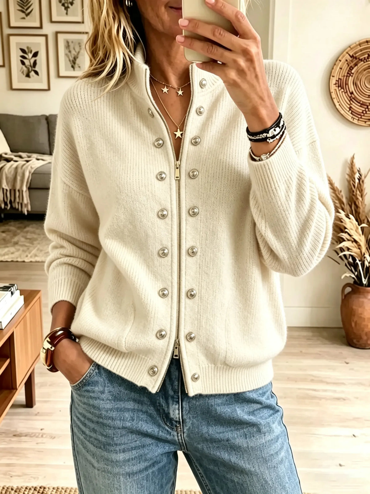Women's Military Button Zip-Front Ribbed Cardigan