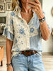 Retro Floral Art Print Casual Stylish Ruffle Short Sleeve Cotton Linen Shirt