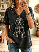 Women's Hooded Skeleton Dog Graphic V-Neck T-Shirt