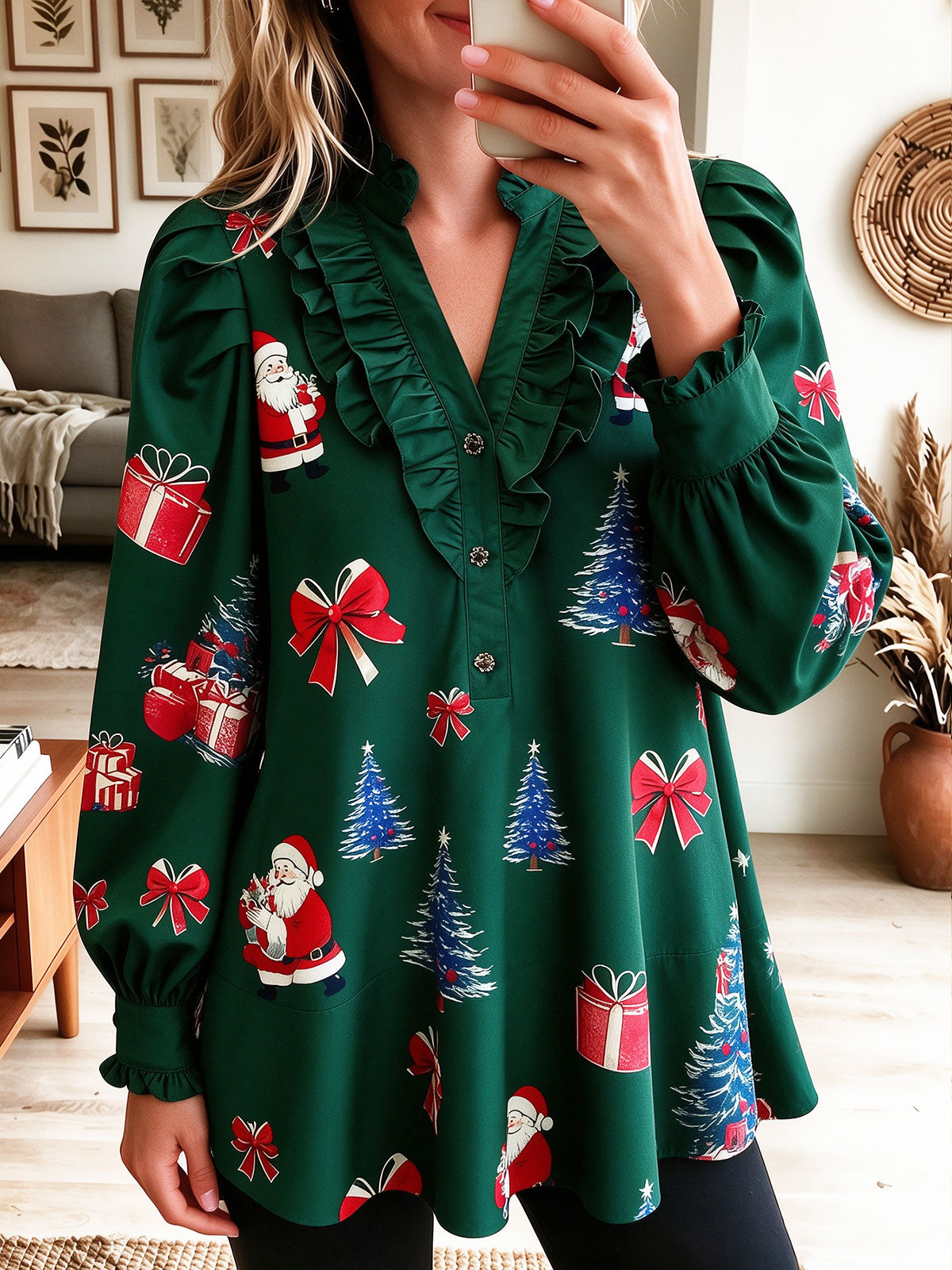Women Christmas Print Ruffled V Neck Long Sleeve Holiday Blouse