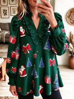 Women Christmas Print Ruffled V Neck Long Sleeve Holiday Blouse