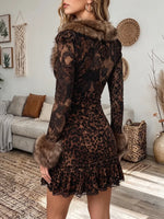 Vintage Elegant Leopard Print Velvet Patchwork Fur Dress