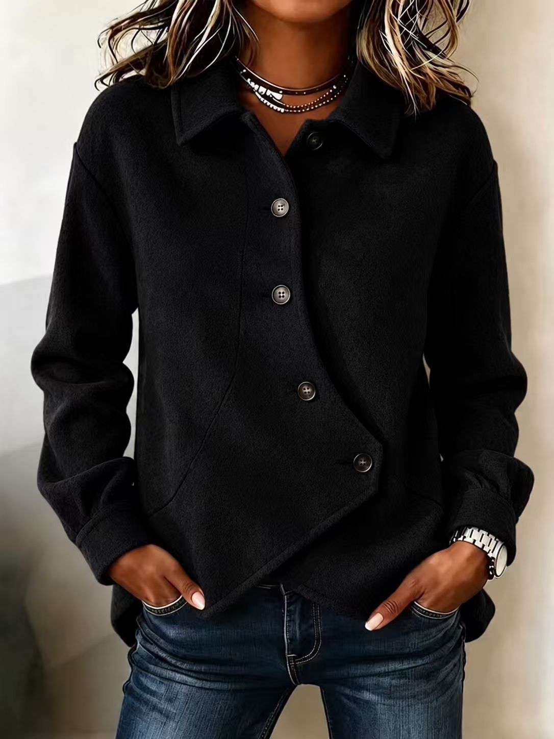 Women Camel Asymmetric Button Lapel Soft Wool Blend Jacket
