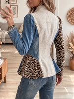 Vintage Elegant Denim Patchwork Leopard Print Wool Blend Jacket
