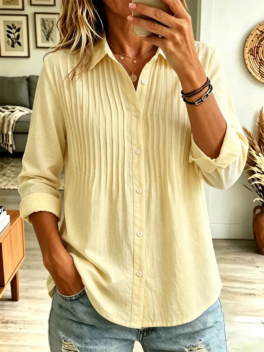 Solid Color Lapel Art Button Casual Long Sleeve Cotton Linen Shirt