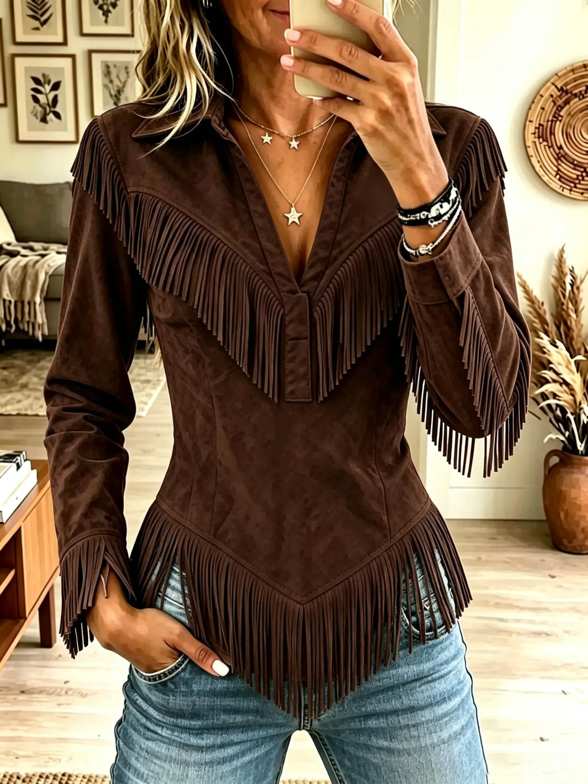 Women's Western Fringe Suede Pointed Hem Top