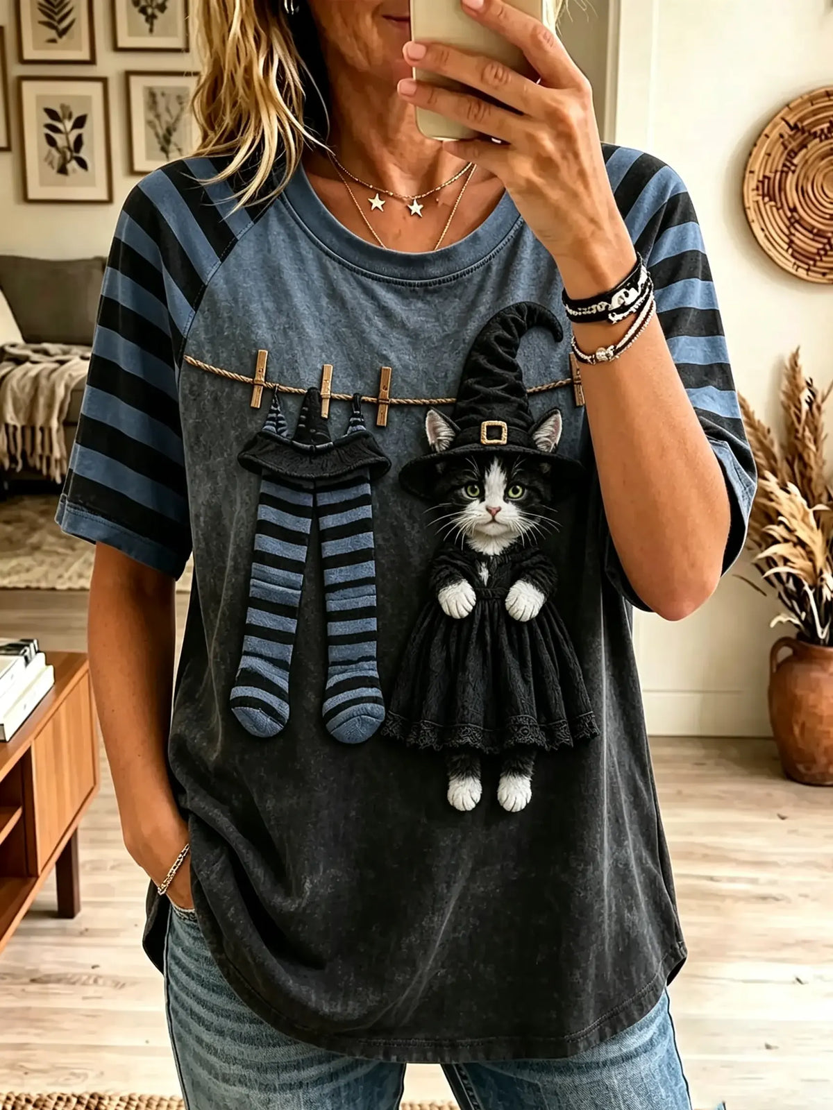 Women's Halloween Witch Cat Clothesline Graphic T-Shirt