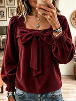 Women's Front Bow Corduroy Puff Sleeve Top