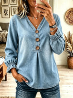 Women's Inverted Pleat Button Henley Denim Blouse