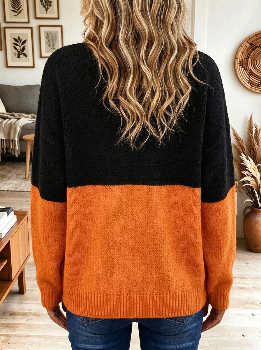 Women's Color Block Cat Jacquard Crew Neck Sweater, Retro Long Sleeve Loose Knit Pullover