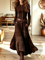 Vintage Plaid Patchwork Art Casual Stylish Long Sleeve Long Dress