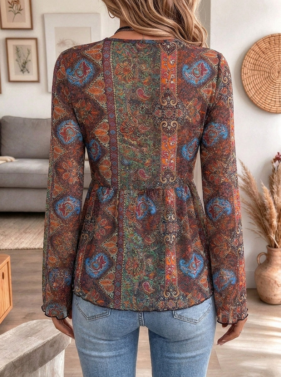 Women's Vintage Boho Paisley Print Sheer Chiffon Tie Front Long Sleeve Top