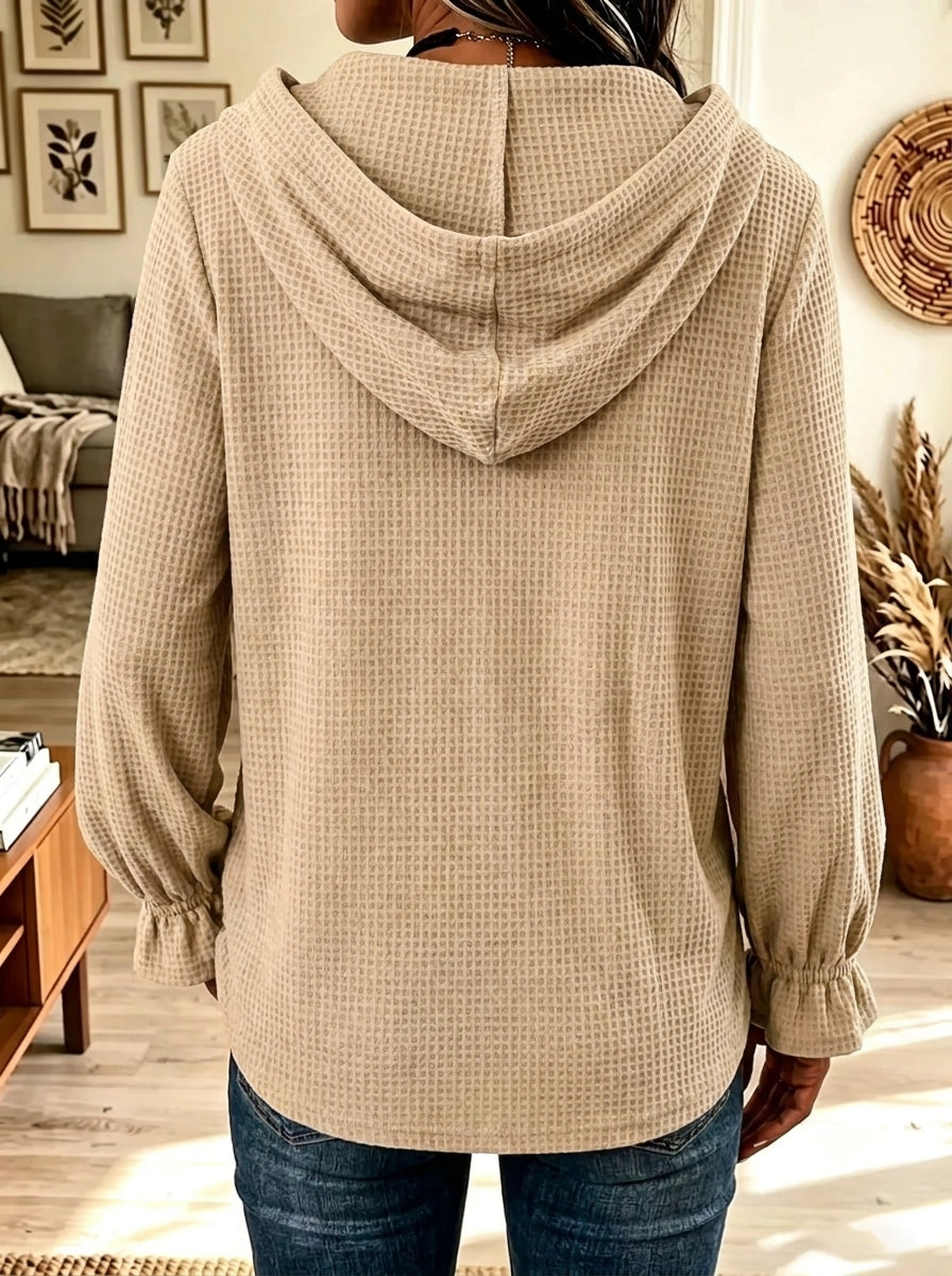 Women's Waffle Knit Button Hooded Tunic Blouse