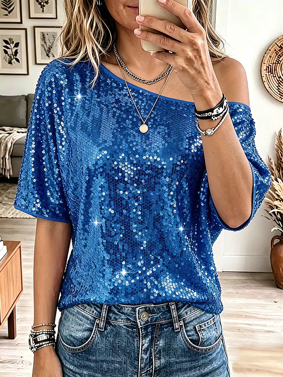 Vintage Elegant Off-shoulder Sequins Shirt