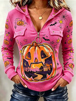 Women's Vintage Autumn Halloween Pumpkin Art Print Zip Hoodie Top