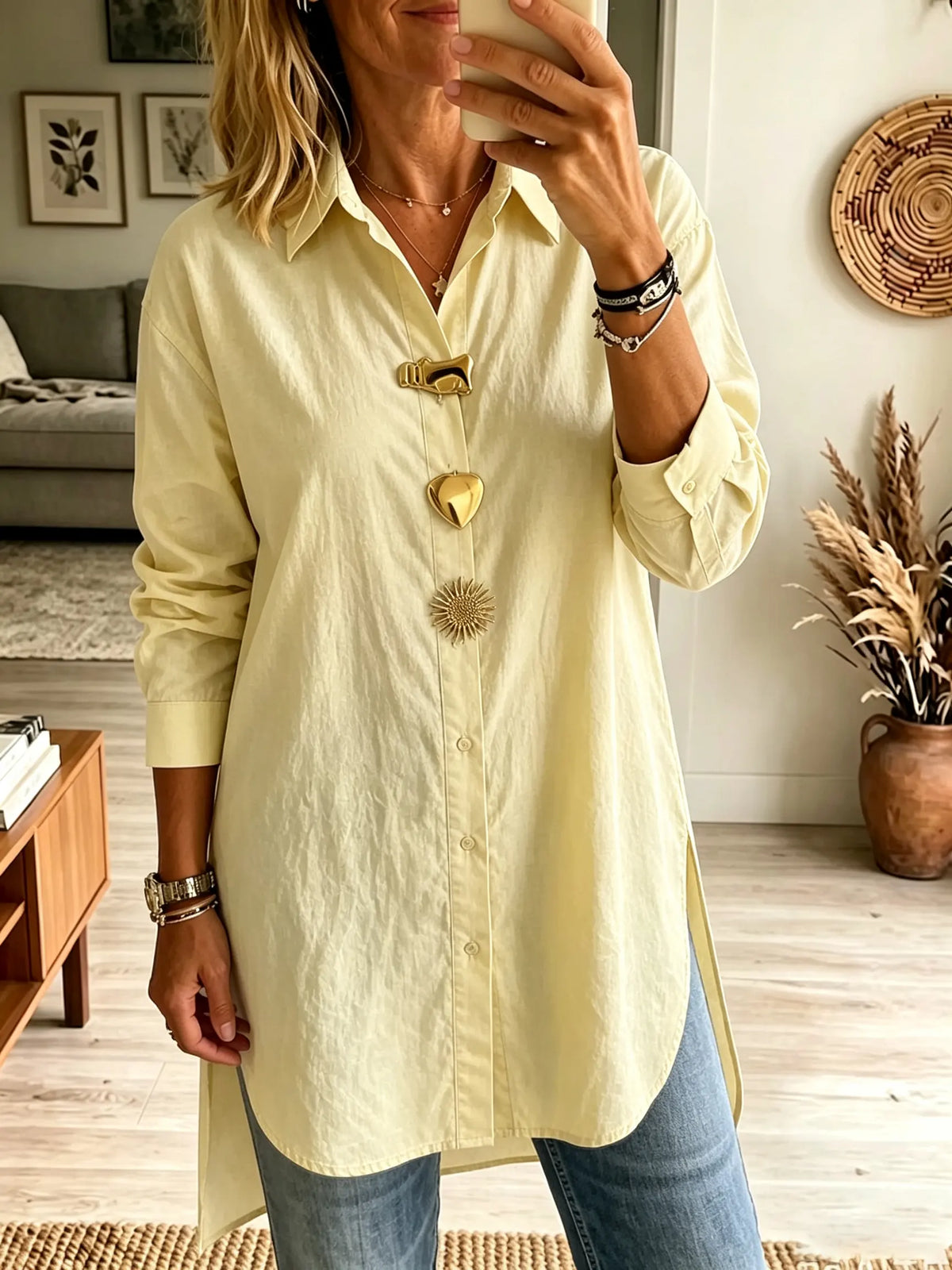 Women's Sculptural Metallic Button Longline Shirt