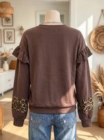Women's Chevron Leopard Ruffled Shoulder Sweatshirt