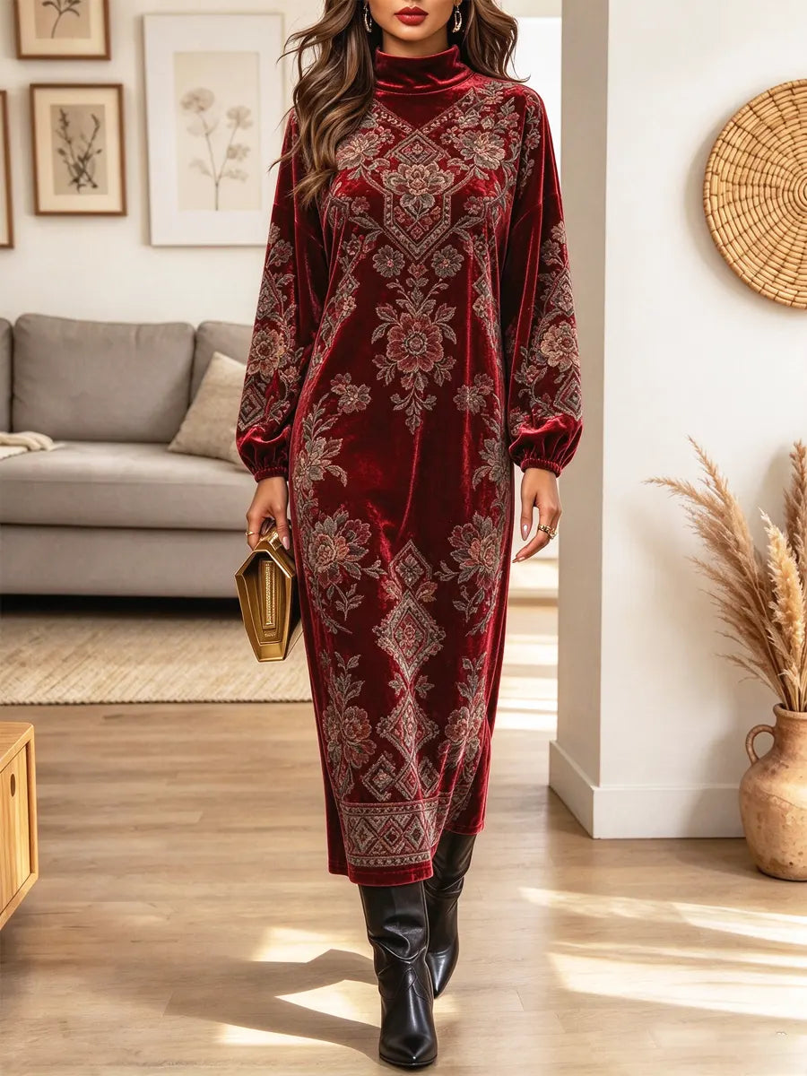 Retro Floral Pattern Art Print Casual Stylish Long Sleeve Velvet Dress