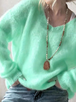 Women Sky Blue Fuzzy V‑Neck Oversized Long Sleeve Knit Sweater