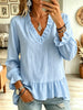 Retro Solid Color Ruffle Art V Collar Casual Long Sleeve Cotton Linen Shirt