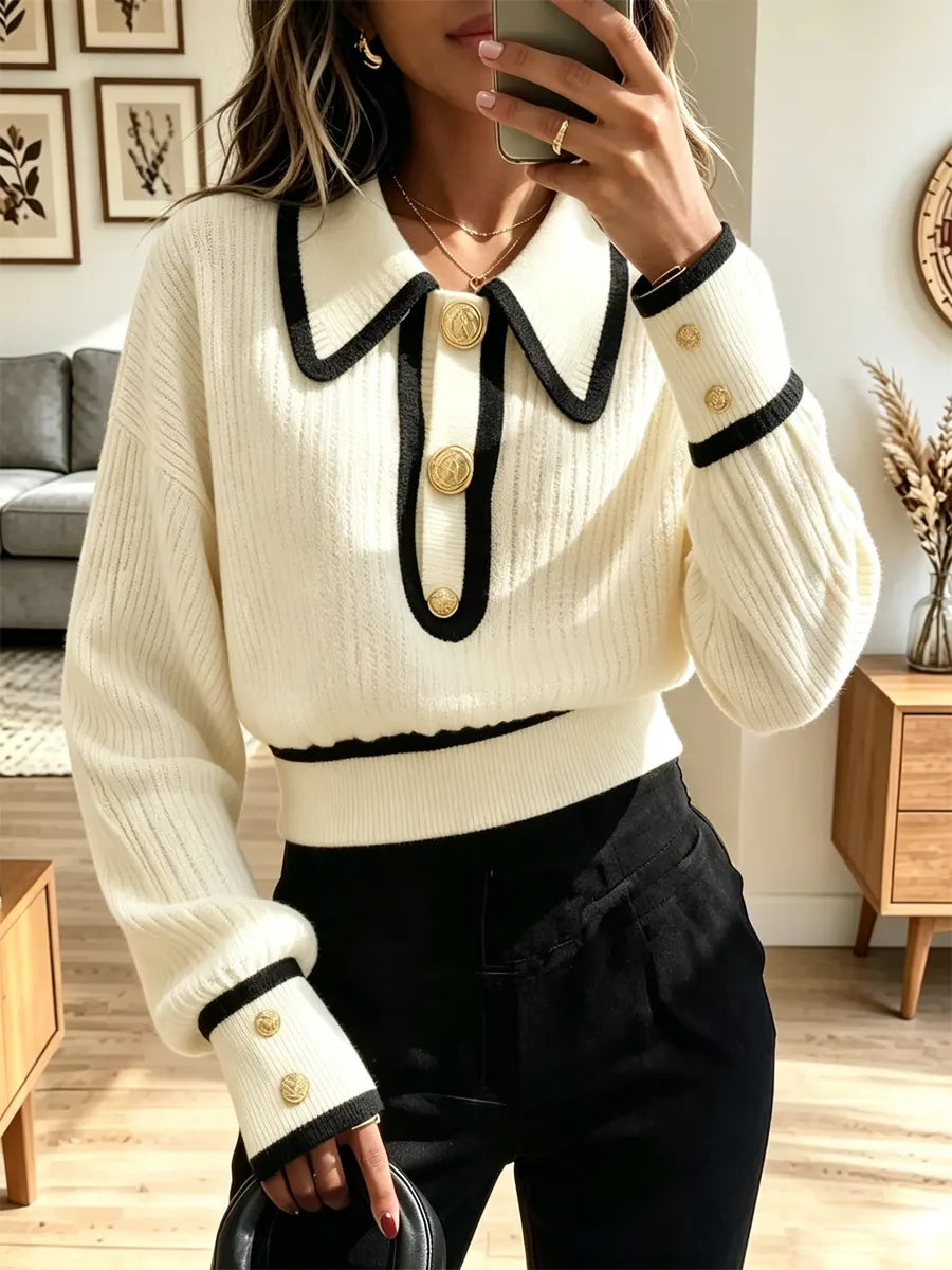 Vintage Chic Contrast Lapel Knit Art Casual Stylish Long Sleeve Sweater