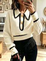 Vintage Chic Contrast Lapel Knit Art Casual Stylish Long Sleeve Sweater