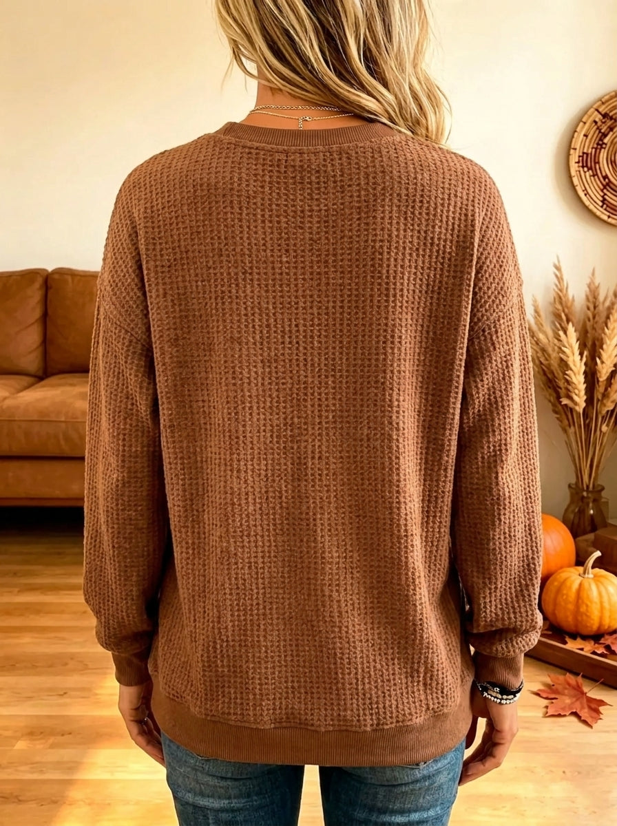 Women's Gingham Leopard Patchwork Pumpkin Waffle Sweatshirt