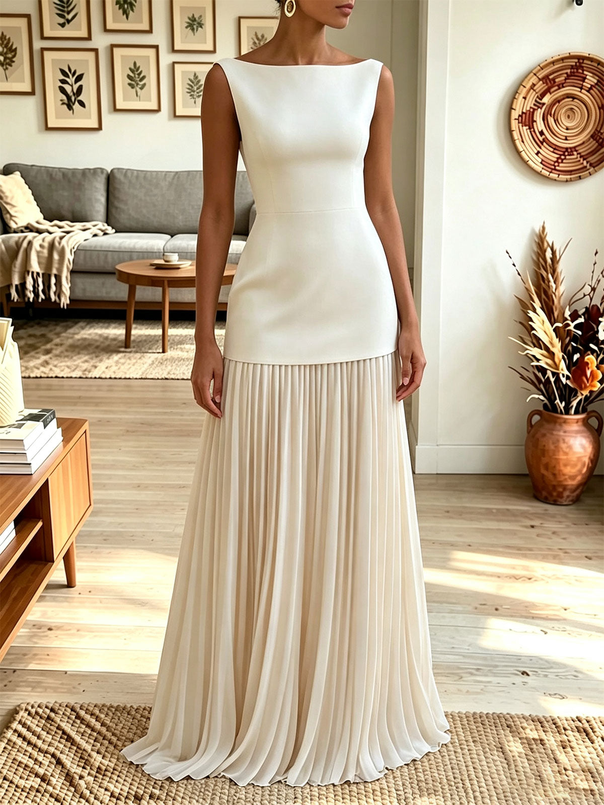 Women Boat Neck Sleeveless Two‑Tone Pleated Maxi Evening Dress