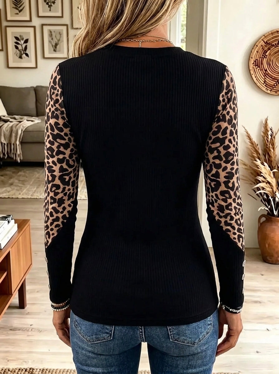 Women's Leopard Sleeve Cutout Zipper Ribbed Top