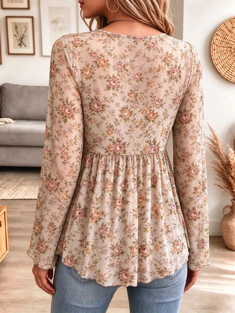 Retro Floral Pattern Art Print Casual Stylish Long Sleeve Mesh V Collar Shirt