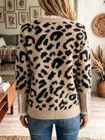Women's Leopard Print Lace Trim Knit Sweater