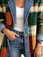 Retro Plaid Pattern Art Casual Denim Patchwork Stylish Long Sleeve Coat