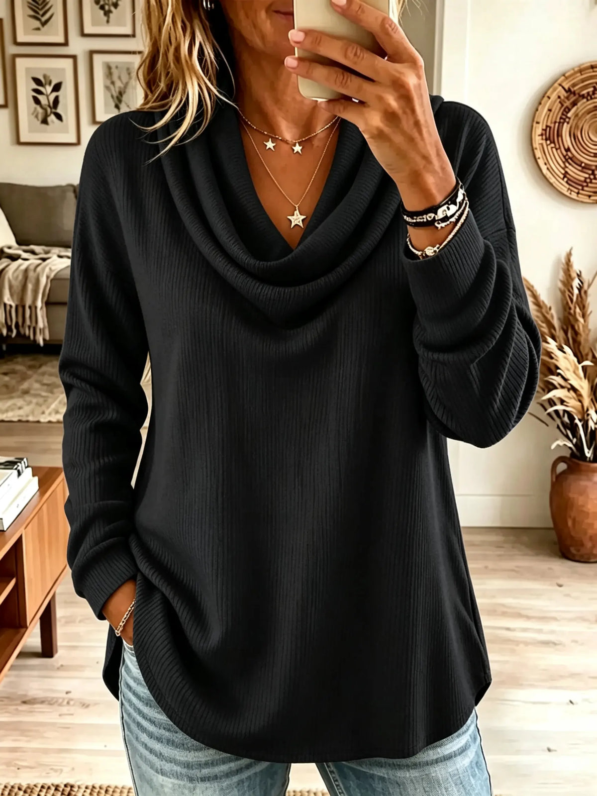 Women's Draped Cowl Neck Ribbed Knit Top