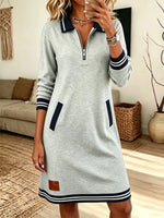 Retro Lapel Zip Art Casual Stylish Long Sleeve Sweatshirt Dress