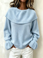 Women Off‑The‑Shoulder Big Fold‑Over Collar Ribbed Knit Sweater