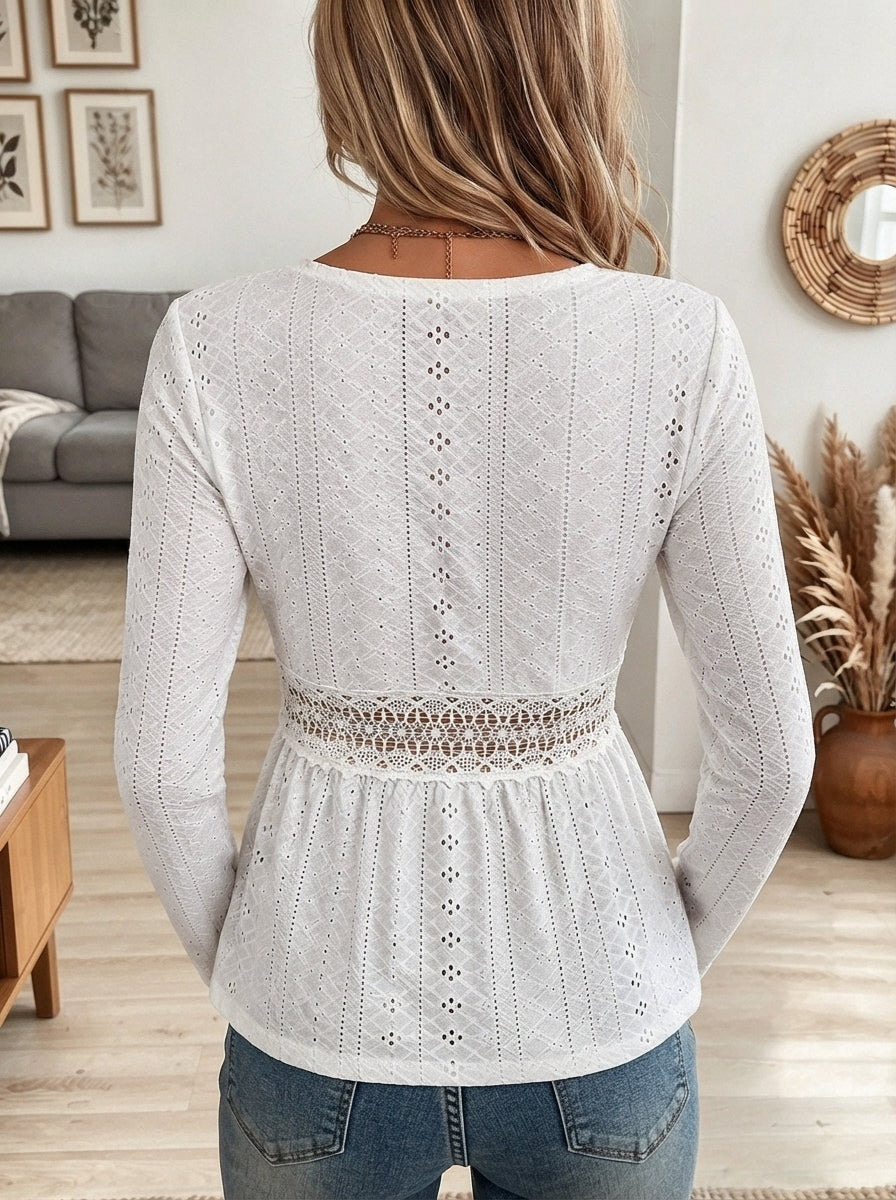 White Eyelet Embroidered V-Neck Peplum Blouse with Lace Waist Detail