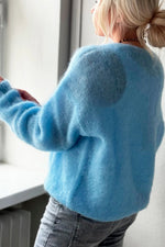 Women Sky Blue Fuzzy V‑Neck Oversized Long Sleeve Knit Sweater